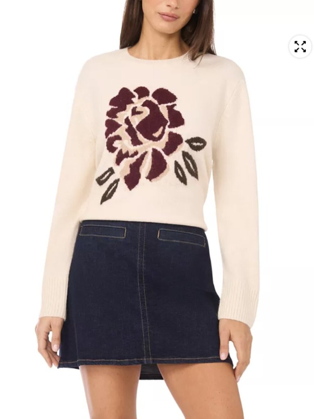 Women's Crewneck Rose Motif Long-Sleeve Sweater